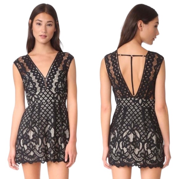 FREE PEOPLE One Million Lovers Lace Mini Dress Black / Nude LBD 2 - Picture 4 of 12